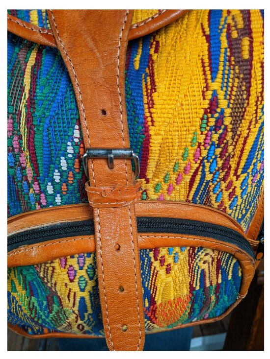 Handmade Woven Backpack Leather Trim Boho Tribal Stripe Ethnic Rucksack Nice!